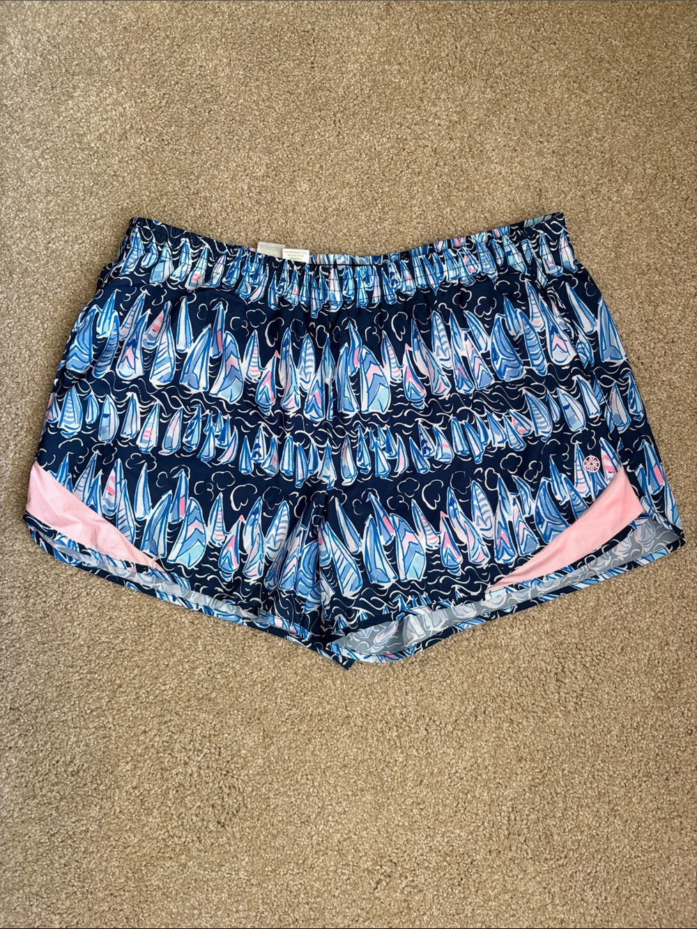 Lilly Pulitzer Navy Sailboat Athletic Shorts with Pink Accents